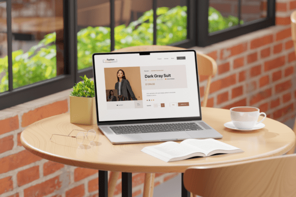Download Realistic Laptop Desk Setup Cafe Mockup - Cafe mockup Collection